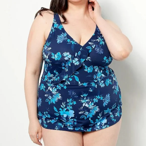 Denim&Co | Swim | Denim Co Beach Ruffle Trim Vneck Swim Dress 7434 |  Poshmark
